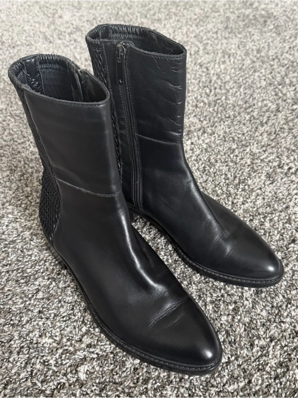 Aquatalia Black Leather Mid Calf Boots 7.5 Almond Toe Zip Weatherproof Italy